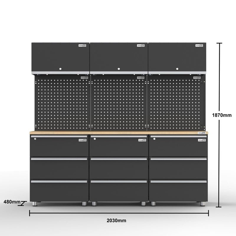UltraTools 2030mm x 480mm x 1870mm Black Workshop Garage Storage Cabinet Set