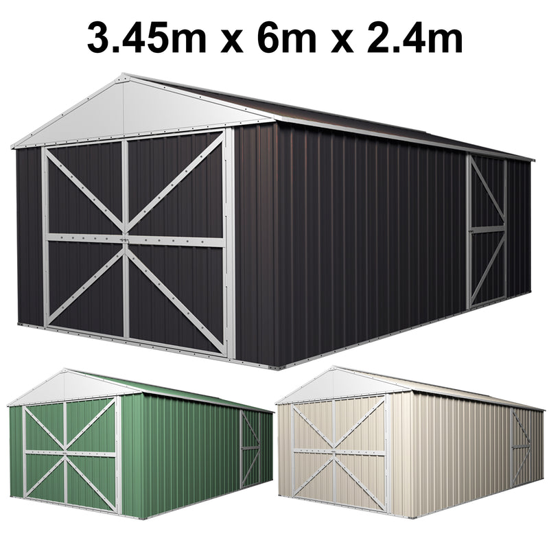Garage Shed 6m x 3.45m x 2.4m (Gable) Double Barn Door Workshop with 4 Internal Trusses