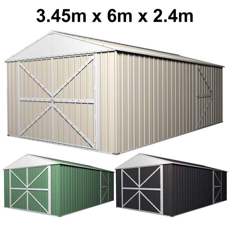Garage Shed 6m x 3.45m x 2.4m (Gable) Double Barn Door Workshop with 4 Internal Trusses