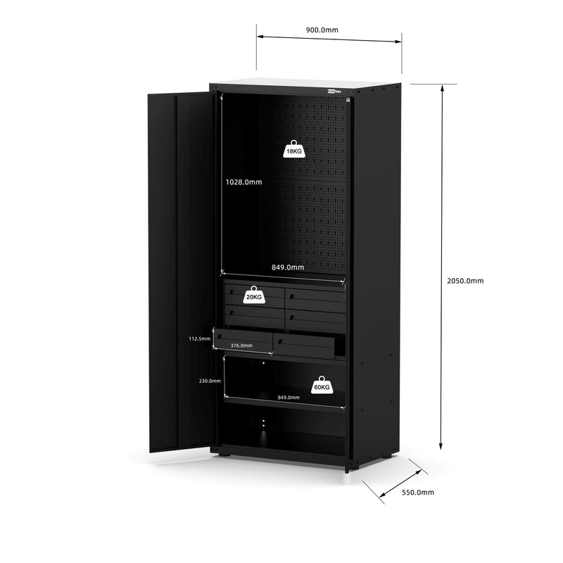 UltraTools Classic Extra Tall Steel Garage Cabinet 900mm x 500mm x 2025mm with built-in Pegboard and 6 Drawers
