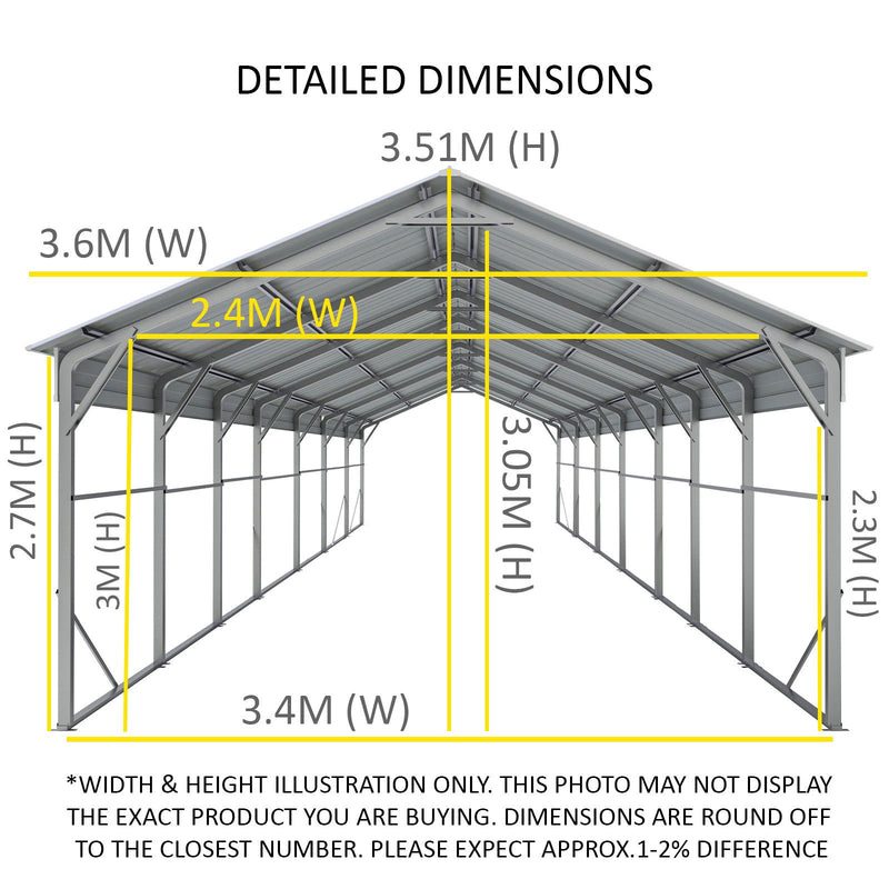Carport 3.6 x 12.19m x 3.51m (Gable) Backyard Boat Portable Vehicle Shelter