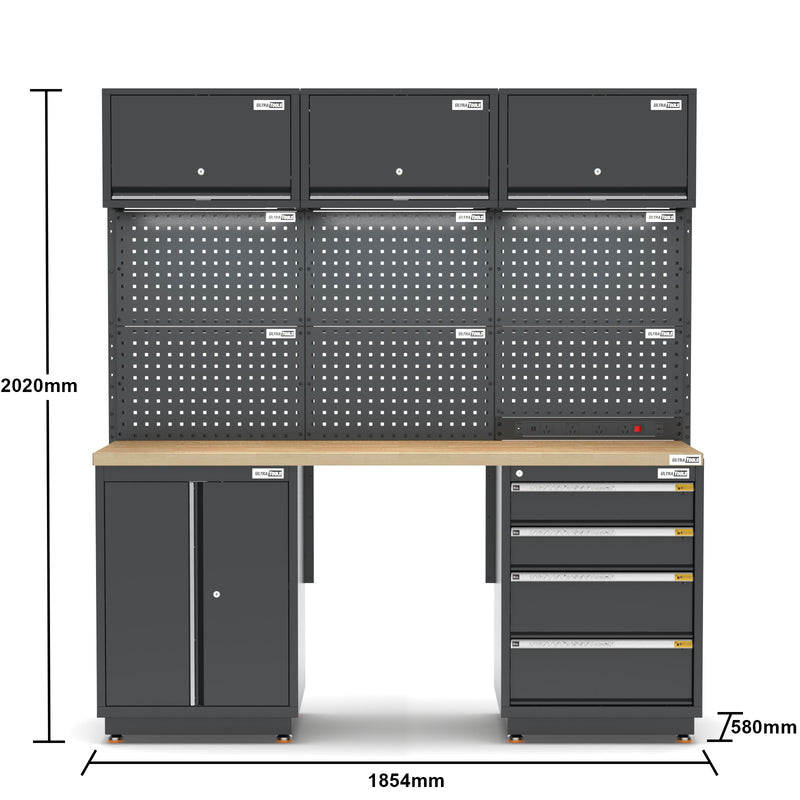 Semi-Industrial Black Workshop Garage Storage Cabinet Set UltraTools 1854mm x 580mm x 2020mm