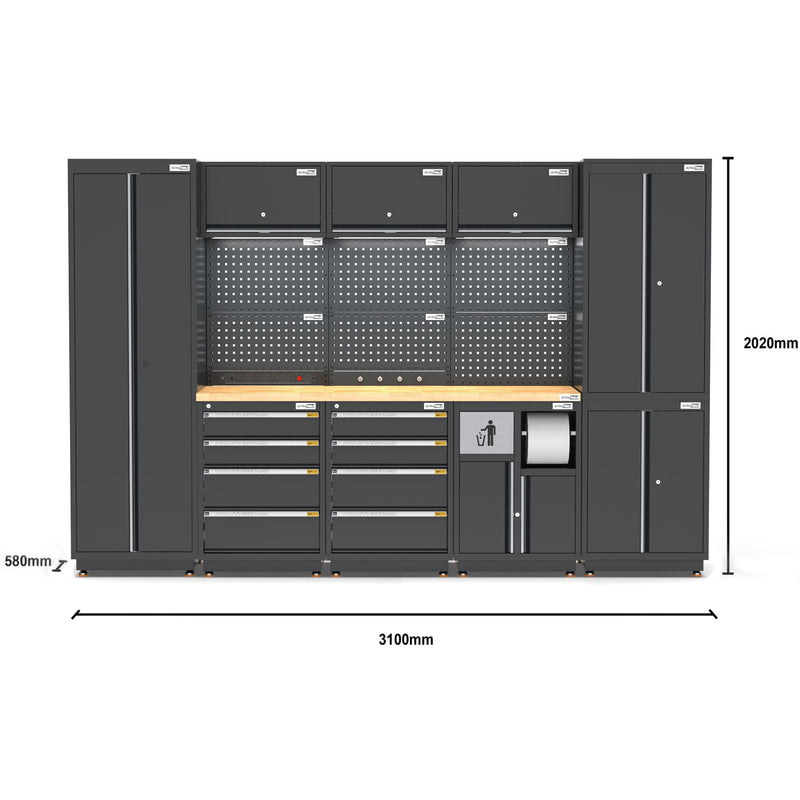 UltraTools 3100mm x 580mm x 2020mm Black Semi-Industrial Workshop Garage Storage Cabinet Set