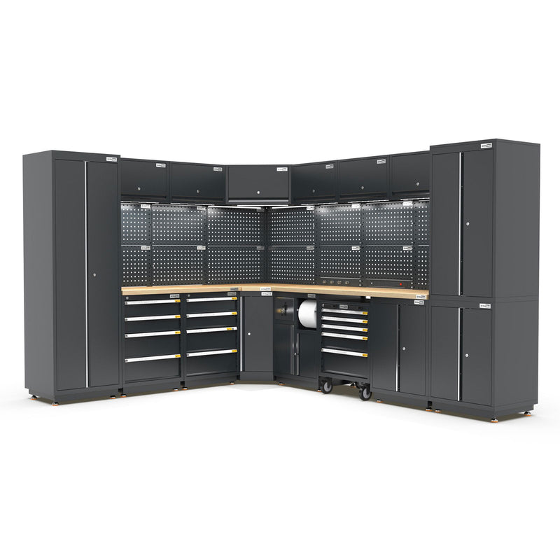 UltraTools 2610/3240mm x 580mm x 2020mm Black Semi-Industrial Workshop Garage Storage Corner Cabinet Set