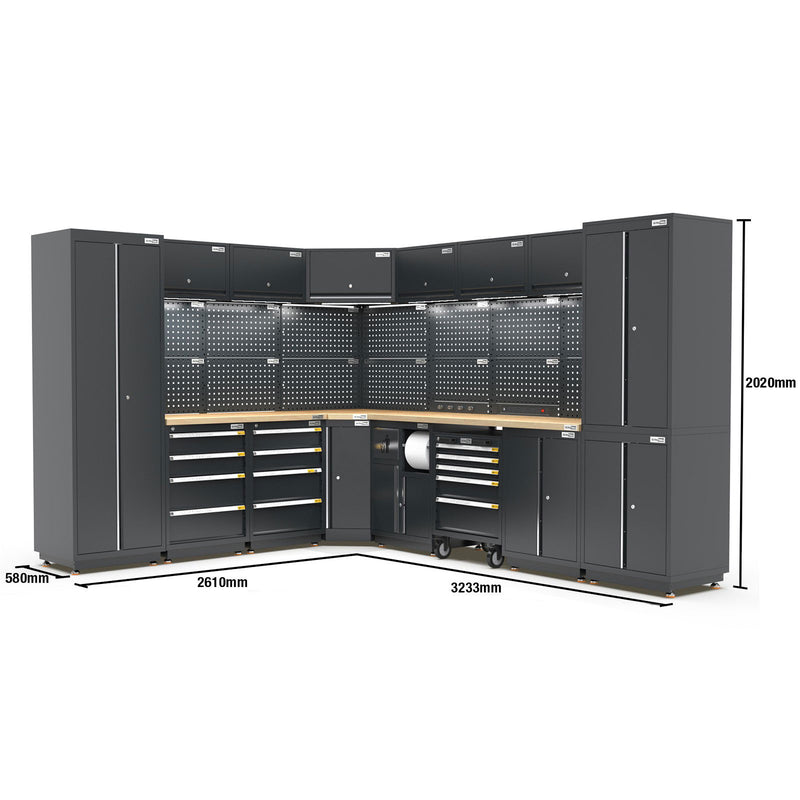 UltraTools 2610/3240mm x 580mm x 2020mm Black Semi-Industrial Workshop Garage Storage Corner Cabinet Set