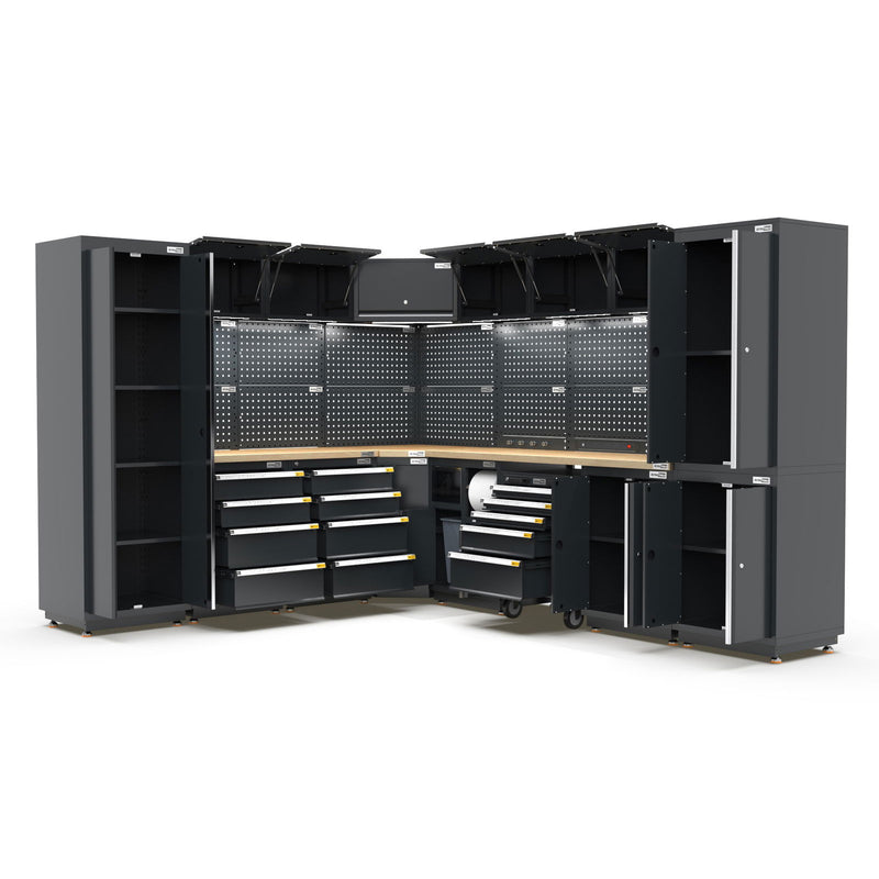 UltraTools 2610/3240mm x 580mm x 2020mm Black Semi-Industrial Workshop Garage Storage Corner Cabinet Set