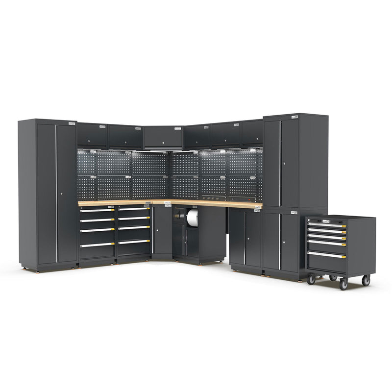 UltraTools 2610/3240mm x 580mm x 2020mm Black Semi-Industrial Workshop Garage Storage Corner Cabinet Set