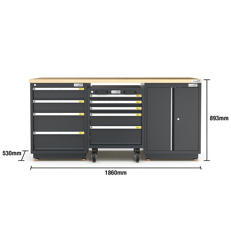 UltraTools 1860mm x 530mm x 893mm Semi-Industrial Black Workshop Garage Storage Cabinet Workbench