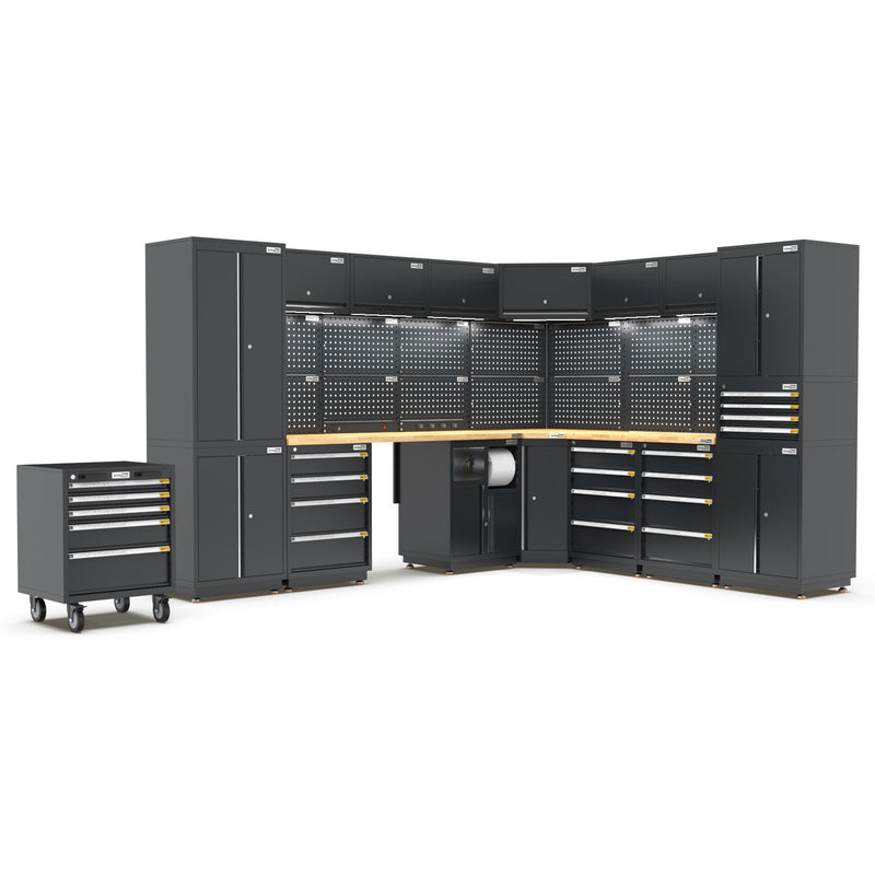 UltraTools 2610/3240mm x 580mm x 2020mm Black Semi-Industrial Workshop Garage Storage Corner Cabinet Set