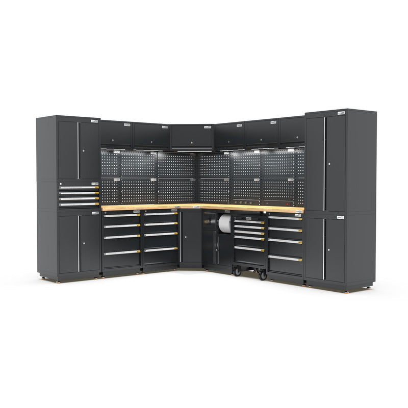 UltraTools 2610/3240mm x 580mm x 2020mm Black Semi-Industrial Workshop Garage Storage Corner Cabinet Set