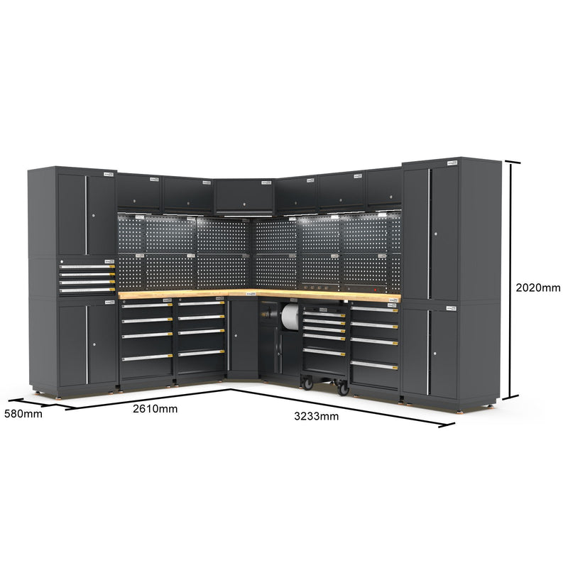 UltraTools 2610/3240mm x 580mm x 2020mm Black Semi-Industrial Workshop Garage Storage Corner Cabinet Set