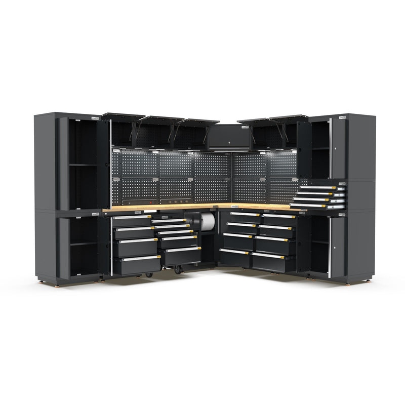 UltraTools 2610/3240mm x 580mm x 2020mm Black Semi-Industrial Workshop Garage Storage Corner Cabinet Set