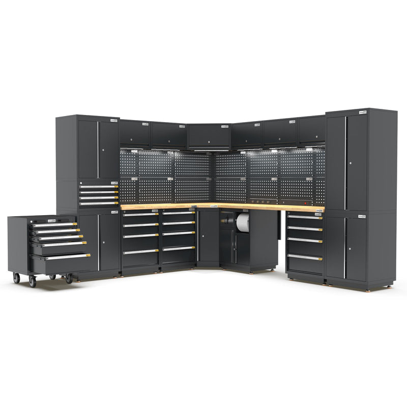 UltraTools 2610/3240mm x 580mm x 2020mm Black Semi-Industrial Workshop Garage Storage Corner Cabinet Set