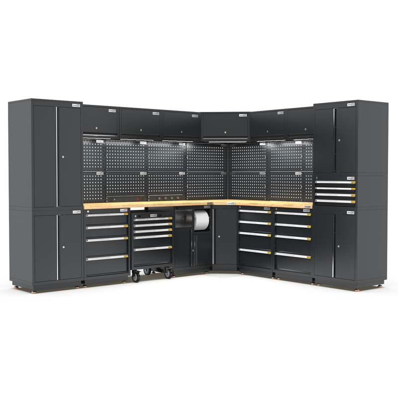 UltraTools 2610/3240mm x 580mm x 2020mm Black Semi-Industrial Workshop Garage Storage Corner Cabinet Set