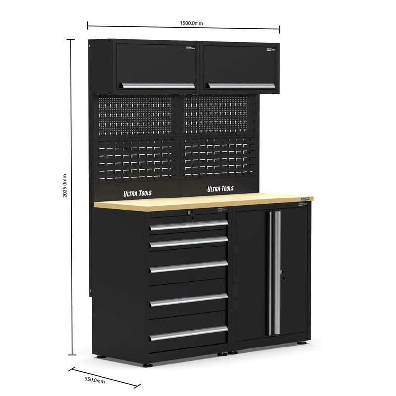 UltraTools 1500mm x 550mm x 2025mm Black Workshop Garage Storage Cabinet Set