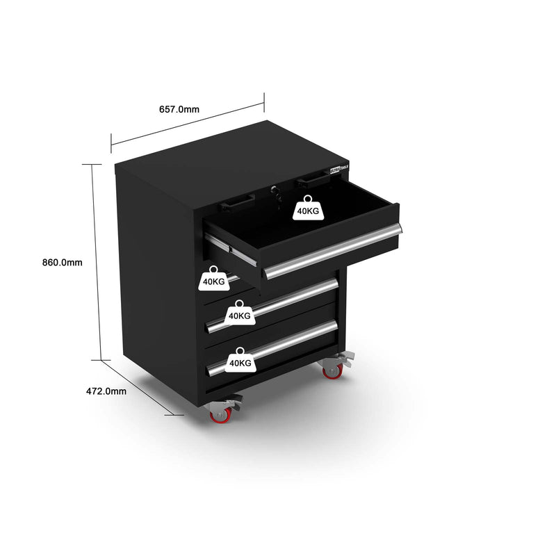 UltraTools 500mm x 550mm x 2020mm Classic Black Workshop Garage 4 Drawer Roller Storage Cabinet