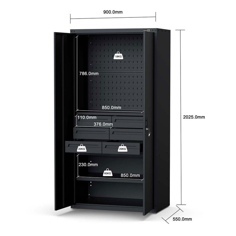 UltraTools Economy Extra Tall Steel Garage Cabinet 900mm x 500mm x 2025mm with built-in Pegboard and 6 Drawers