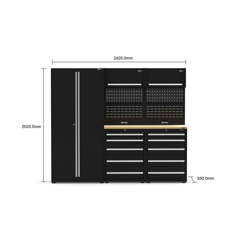UltraTools 2420mm x 550mm x 2025mm Black Classic Workshop Garage Storage Cabinet Set