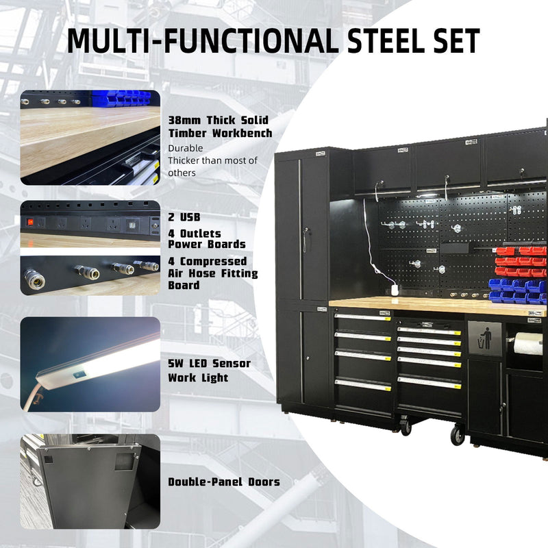 UltraTools 2475mm x 580mm x 2020mm Black Semi-Industrial Workshop Garage Storage Cabinet Set
