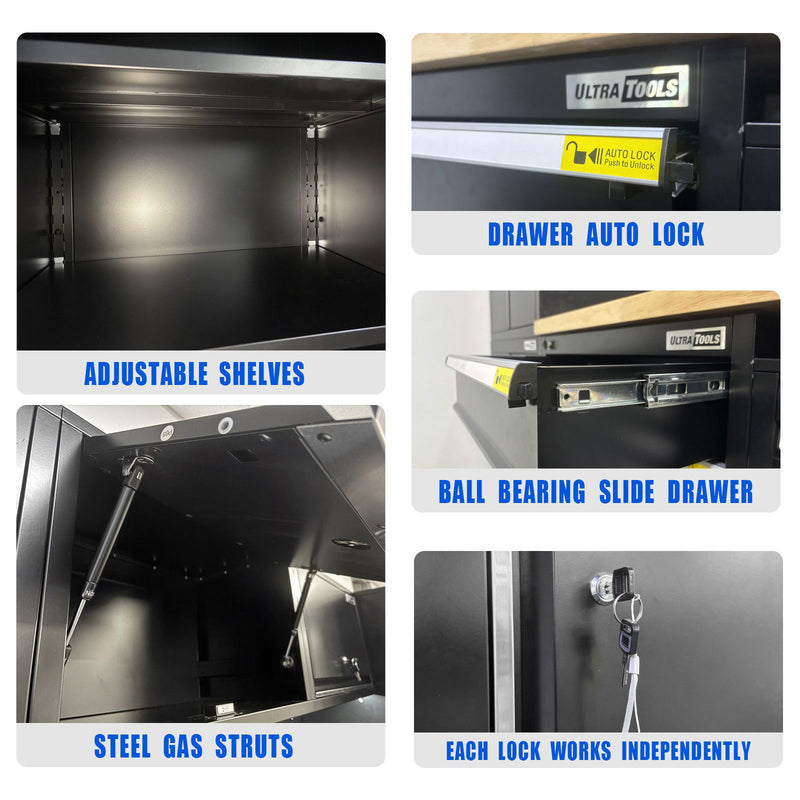 UltraTools 2610/3240mm x 580mm x 2020mm Black Semi-Industrial Workshop Garage Storage Corner Cabinet Set