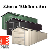 Double Barn Door Garage Shed 10.64m x 3.6m x 3m (Gable) Workshop with 7 Frames EXTRA High
