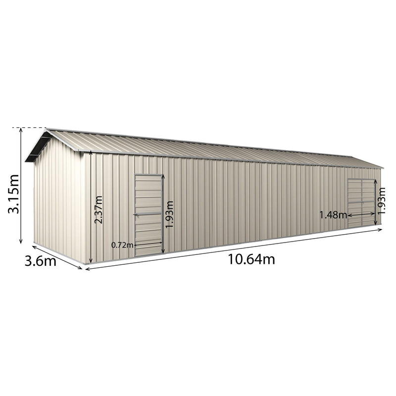 Garage Workshop Shed 10.64m x 3.6m x 3m Side Double Doors + PA doors 7 Frames Design