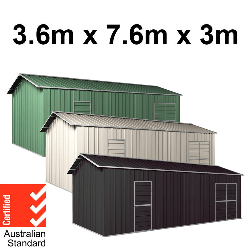Garage Workshop Shed 7.6m x 3.6m x 3m Side Double Doors + PA doors 5 Frames Design EXTRA High)