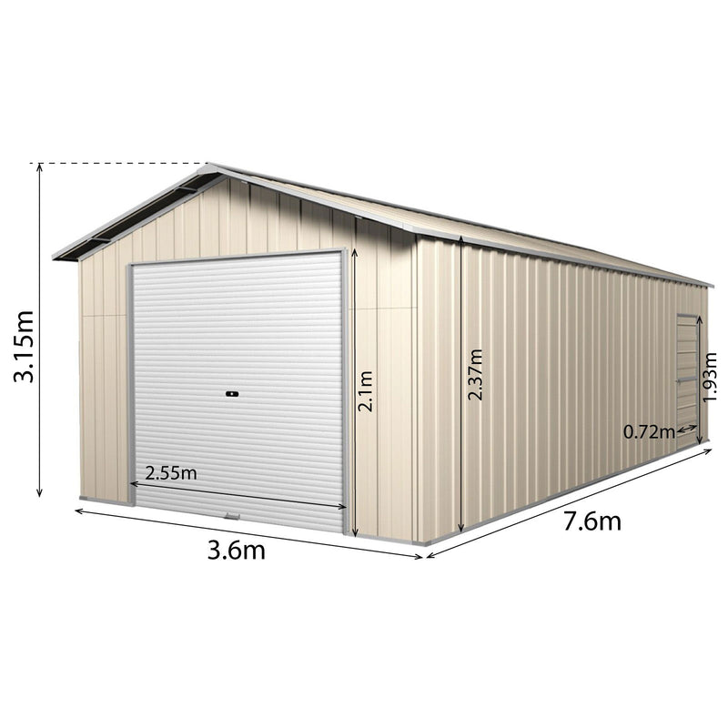 Garage 7.6m x 3.6m x 3m Roller Door Shed Workshop