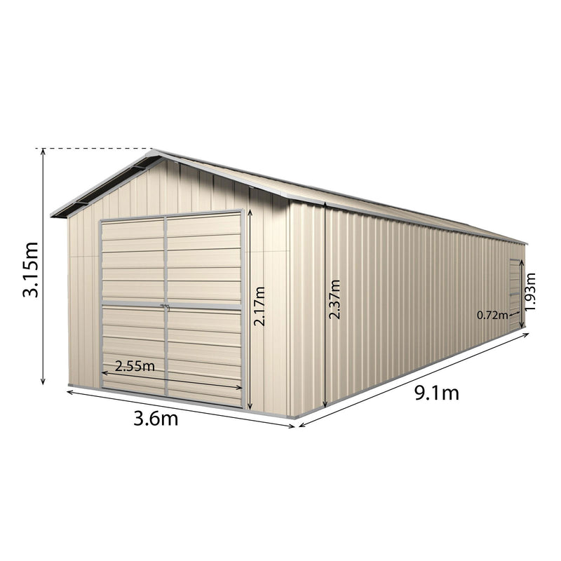 Double Barn Door Garage Shed 9.1m x 3.6m x 3m (Gable) Workshop with 6 Frames EXTRA High