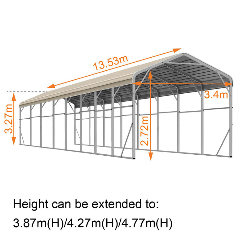Single Carport 3.4m x 13.53m x 3.27m Backyard Portable Vehicle & Boat Shelter with Wrapped Roof