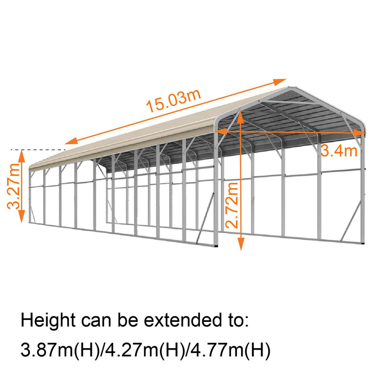 Single Carport 3.4m x 15.03m x 3.27m Backyard Portable Vehicle & Boat Shelter with Wrapped Roof